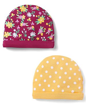 Babyhug 100% Cotton Interlock Knit Caps With Polka Dots & Floral Print Pack Of 2 Marron & Yellow - Diameter 14cm