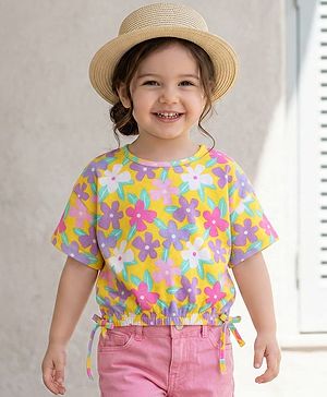 Babyhug Cotton Knit Half Sleeves Top with Floral Print - Yellow