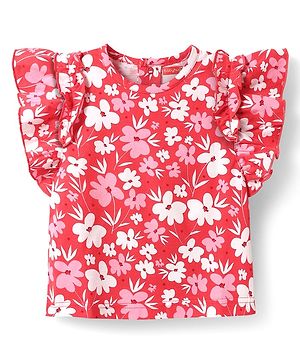 Babyhug Cotton Knit Frill Sleeves Top With Floral Print - Red