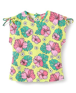 Babyhug Cotton Knit Half Sleeves Top with Floral Print - Yellow
