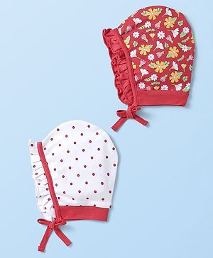 Babyhug Interlock Knit Bonnet Bonnet Caps With Polka Dots & Floral Print Pack Of 2 Red & White - Diameter 10 cm