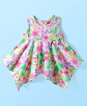 Babyhug Cotton Knit Sleeveless Top With Floral Print & Bow Applique - White & Pink