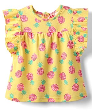 Babyhug Cotton Knit Frill Sleeves Top with Pineapple Print - Yellow