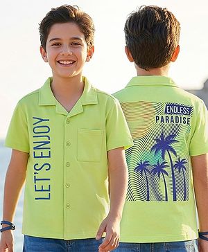 Pine Kids Cotton Knit Half Sleeves Shirt with Beach Theme Print - Light Green