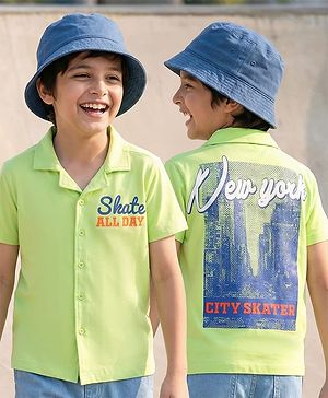 Pine Kids Cotton Knit Half Sleeves Shirt with New York City Print - Light Green