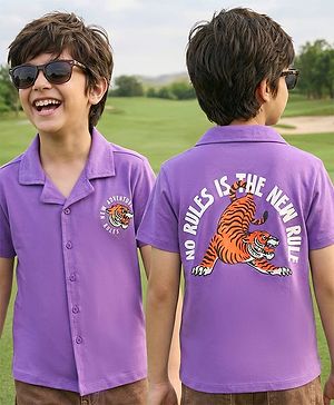 Pine Kids Cotton Knit Half Sleeves Shirt With Tiger Print - Violet