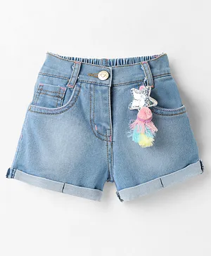 Little
                              Kangaroos Knee Length Washed Denim Shorts
                              with Star Applique - Blue