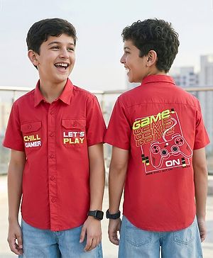 Pine Kids Cotton Woven Half Sleeves  Shirt With Game On Print - Red
