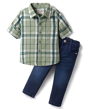 Babyhug Cotton Woven Full Sleeves Checkered Shirt & Denim Jeans - Olive Green & Blue