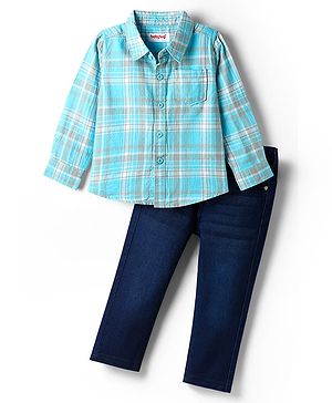 Babyhug Cotton Woven Full Sleeves Shirt & Jeans with Checks - Light Blue & Blue