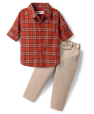 Babyhug Cotton Woven Full Sleeves Checkered Shirt & Trouser Set - Rust Orange & Beige