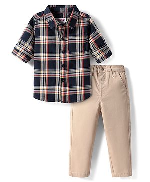 Babyhug Cotton Woven Full Sleeves Checkered Shirt & Trouser Set - Navy Blue & Beige