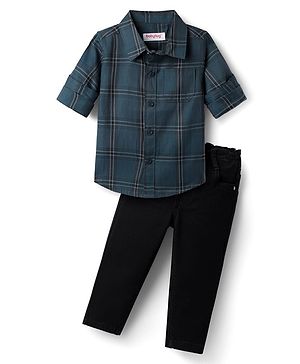 Babyhug Cotton Woven Full Sleeves Shirt & Trouser Set with Checks - Teal Blue & Black