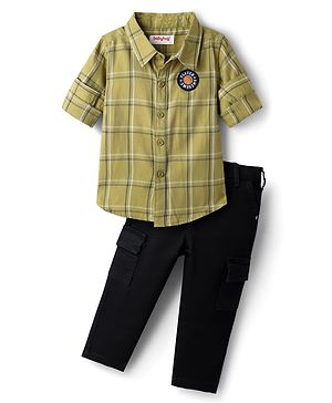 Babyhug Cotton Woven Full Sleeves Shirt & Trouser Set with Checks -  Olive Green & Black