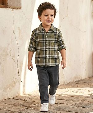 Babyhug Cotton Woven Full Sleeves Checkered Shirt  & Denim Jeans Set - Olive Green & Black
