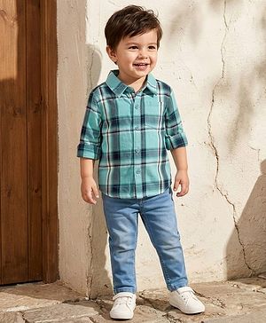 Babyhug Cotton Woven Full Sleeves Checks Shirt & Denim Jeans Set - Turquoise