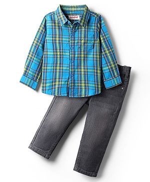 Babyhug Cotton Woven Full Sleeves Shirt & Jeans with Checks - Blue & Grey