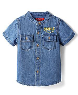 Babyhug Cotton Woven Half Sleeves Shirt with Smile Text Embroidery -Blue