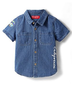 Babyhug Cotton Woven Washed Half Sleeves Shirt with California Print -Blue