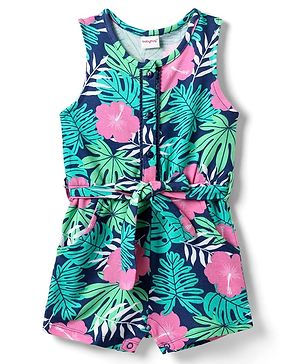 Babyhug Cotton Knit Sleeveless Jumpsuit with Belt & Floral Print - Blue & Green