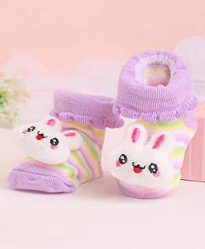 Cute Walk by Babyhug Socks With Striped & Bunny Face Applique - Purple