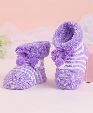Cute Walk by Babyhug Socks With Striped & Pom Pom Detailing - Purple