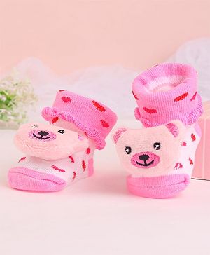Cute Walk by Babyhug Socks With Polka Dots & Bear Face Applique - Pink