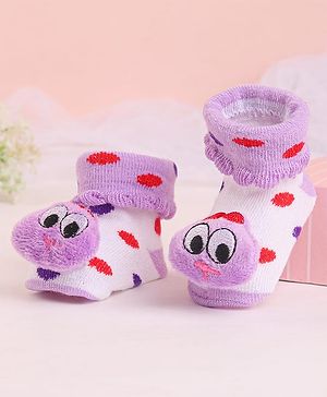 Cute Walk by Babyhug Socks With Polka Dots & Cartoon Face Applique - Purple