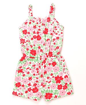 Babyhug Cotton Knit Sleeveless Jumpsuit With Floral Print & Bow Applique - White