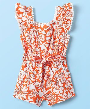 Babyhug Cotton Knit Frill Sleeves Jumpsuit With Floral Print & Fabric Belt - Orange
