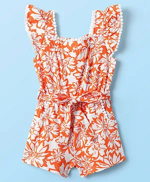 Babyhug
                              Cotton Knit Frill Sleeves Jumpsuit With
                              Floral Print & Fabric Belt - Orange