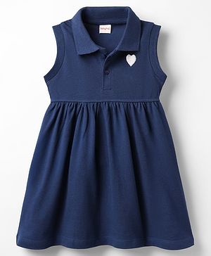 Babyhug Cotton Knit Sleeveless Collared Frock with Heart Embroidery - Navy Blue