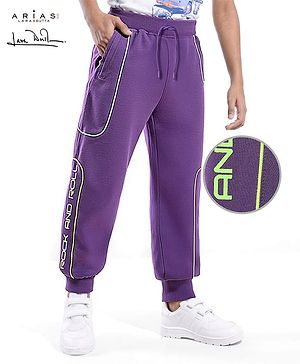 Arias Cotton Looper Knit Full Length Text Printed Lounge Pant with Tape Detailing - Purple