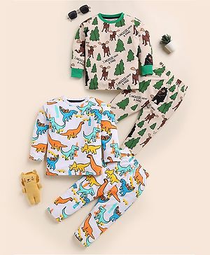 Little Marine Cotton Woven Pack Of 2 Full Sleeves Dinosaurs & Moose Printed Coordinating Night Suit Sets - Multi Colour