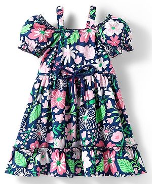 Babyhug Cotton Knit Cold Shoulder Sleeves Frock With Floral Print & Bow Applique - Navy Blue