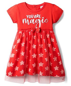Babyhug Cotton Knit Half Sleeves Frock With Star Print & Bow Applique - Red