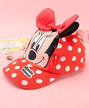 Babyhug Disney Cotton Woven Summer Cap with Minnie Mouse Family Graphics & 3 D Ear Applique Red - Diameter - 16 cm