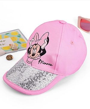 Babyhug Disney Cotton Woven Summer Cap With Minnie Mouse Family Graphics & Sequin Detailing Pink - Diameter 14.5 cm
