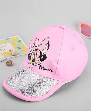 Babyhug Disney Cotton Woven Summer Cap With Minnie Mouse Family Graphics & Sequin Detailing Pink - Diameter 14 cm