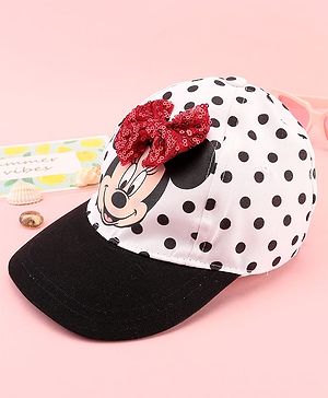 Babyhug Disney Cotton Woven Summer Cap with Minnie Mouse Family Graphics & Bow Detailing Black & White - Diameter 15.5 cm