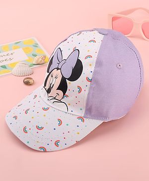 Babyhug Disney Cotton Woven Summer Cap with Minnie Mouse Graphics White & Lilac - Diameter 15 cm