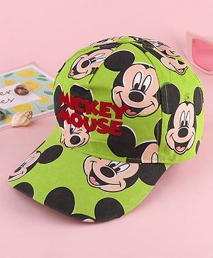 Babyhug Disney Cotton Woven Summer Cap with Mickey Mouse Family Green - Diameter 12 cm