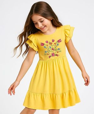 Pine Kids Cotton Knit Half Frill Sleeves Tiered Dress with Floral Embroidery - Yellow
