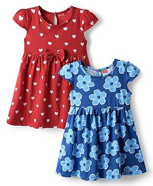 Babyhug Single Jersey Knit Cap Sleeves Frocks With Floral Print & Bow Applique Pack Of 2 - Red & Blue