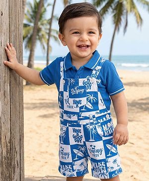 Babyhug Single Jersey Knit Dungaree & Half Sleeves Polo T-Shirt With Beach Theme Print - Blue & White
