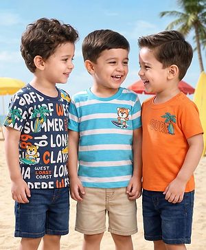 Babyhug Cotton Knit Half Sleeves T-shirt With Stripes & Beach Theme Graphics Pack Of 3  - Light Blue Navy Blue & Orange