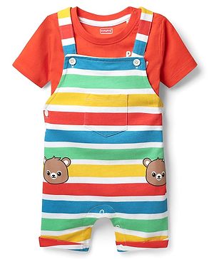 Babyhug Single Jersey Knit Striped Dungaree & Half Sleeves T-Shirt With  Teddy Bear Print - Red