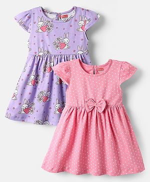 Babyhug Single Jersey Knit Cap Sleeves Bunny & Heart Printed Frocks With Bow Applique Pack of 2 - Pink & Purple