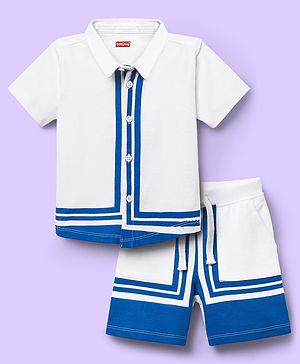 Babyhug Single Jersey Knit Half Sleeves Shirt & Shorts Set With Color Block Design - White & Blue