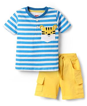 Babyhug Single Jersey Knit Half Sleeves Henley T-Shirt & Shorts Set with Tiger Print & Stripes - Yellow & Blue